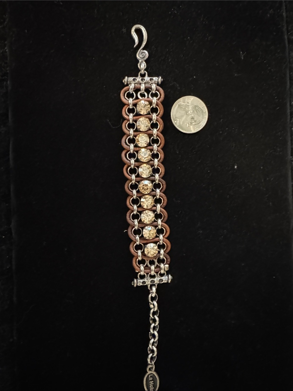 La Hola Brown Leather and Swarovski Crystal Link SS Bracelet - Women Jewelry